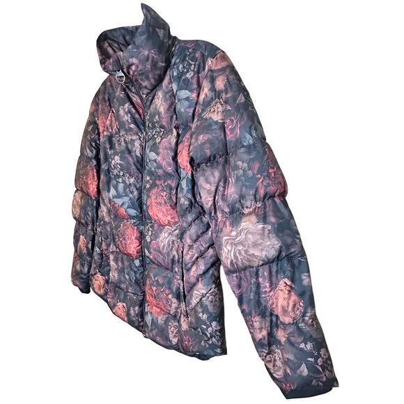Athleta Downtown Puffer Jacket Black Floral Full Zip Down Fill Funnel Neck Sz M - Picture 2 of 16